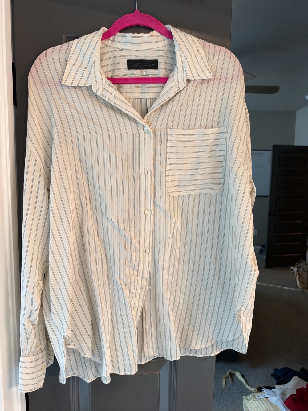 Zara Cream and Striped Button-Down Blouse